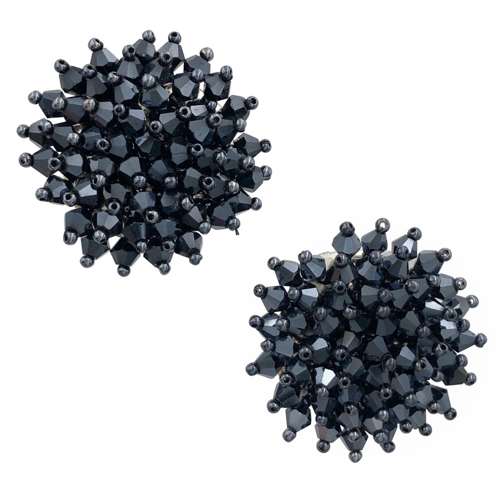 Hematite Grey Black Glass Beaded Burst Large Statement Handmade Stud Earrings